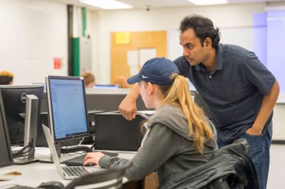 Erica Gambino ‘19 (ENG) and T.A. Amit Mondal in her Computer Aided Design class at the School of Engineering's Castleman Building on Feb. 20, 2018. (Sean Flynn/UConn Photo)