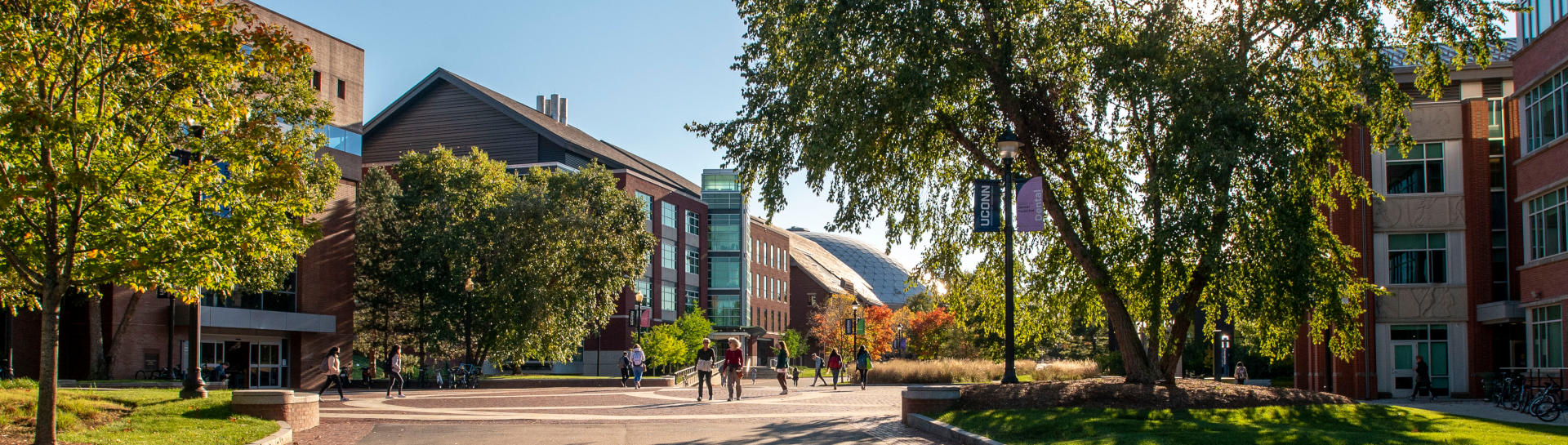 Students walking down Fairfield Way in front of the Homer Babbidge Library and the Information Technologies Engineering Building. Oct. 19, 2021. (Sean Flynn/UConn Photo)