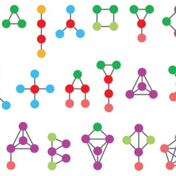 A grid of abstract geometric shapes representing various graph structures. Each shape consists of nodes (circles) connected by lines (edges) in different colors, including red, blue, green, purple, and orange. The arrangement includes several configurations, such as triangles, squares, and more complex interconnected forms, displaying diversity in connections and layouts. The overall design is playful and colorful, emphasizing the concept of networks or graphs in a visual format