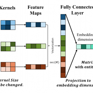 A diagram illustrating the process of feature extraction in a neural network. It consists of three sections: Kernels on the left, showing various colored blocks, with a note indicating that kernel sizes can be changed; Feature Maps in the middle, connecting the kernels to colored grids representing feature extraction; and Fully Connected Layer on the right, depicting the projection of vectors into embedding dimensions with a label for Matrix with entities. Arrows indicate the flow of data through the network